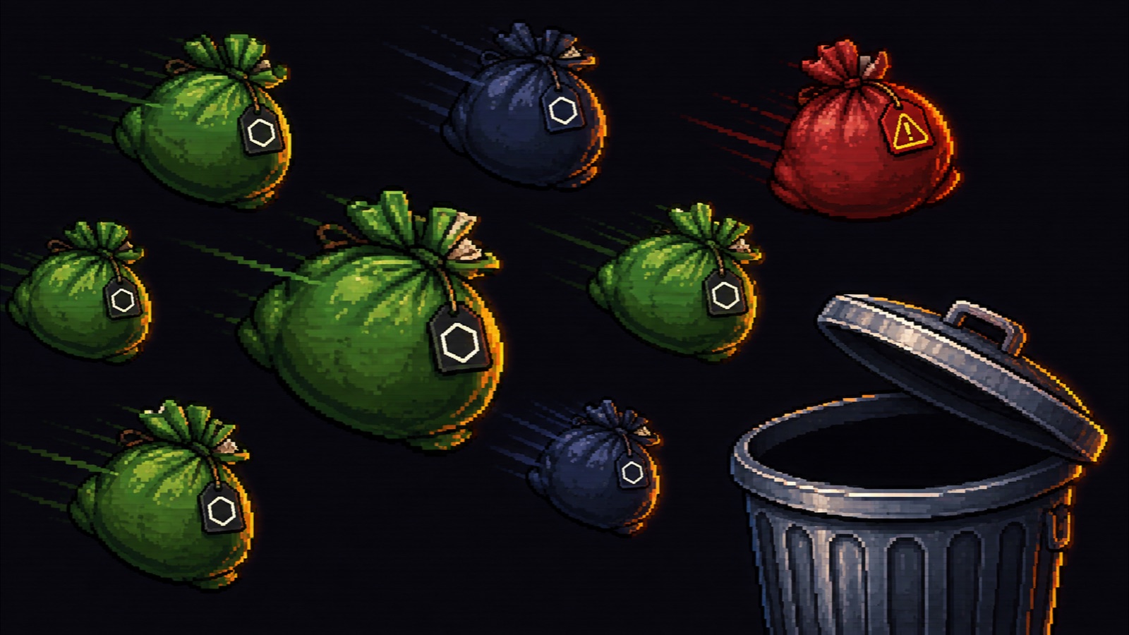 Pixel-art trash bags flying toward a trash bin on a dark game field