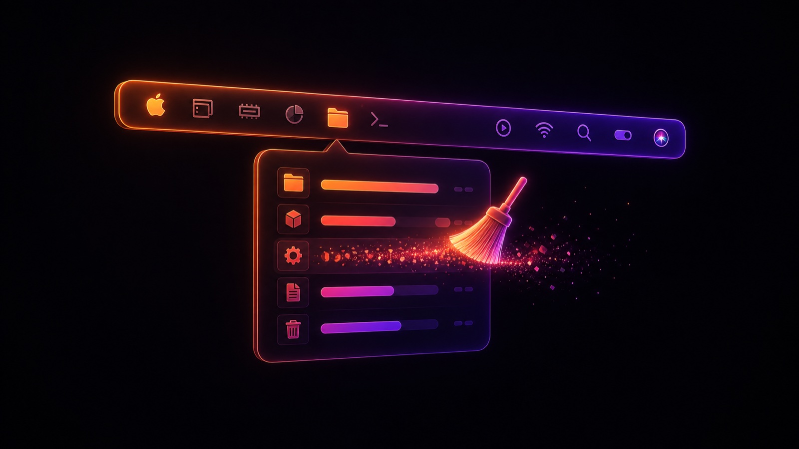 A glowing menu bar panel with size rows being swept clean